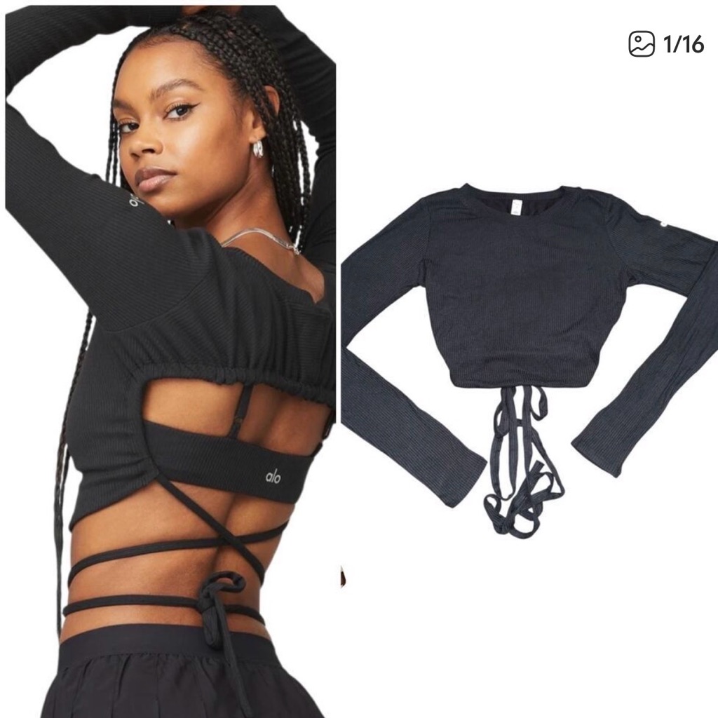 Alo Yoga Black Ribbed Long-Sleeve Wrap-Back Crop Top